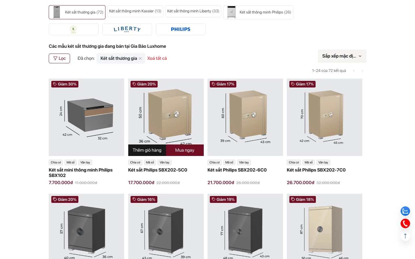 Danh mục két sắt Gia Bảo Luxhome với bộ lọc theo thương hiệu và tính năng
