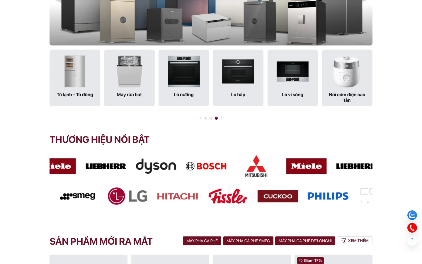 Lưới danh mục thiết bị và dải thương hiệu Miele, Liebherr, Dyson, Bosch, LG
