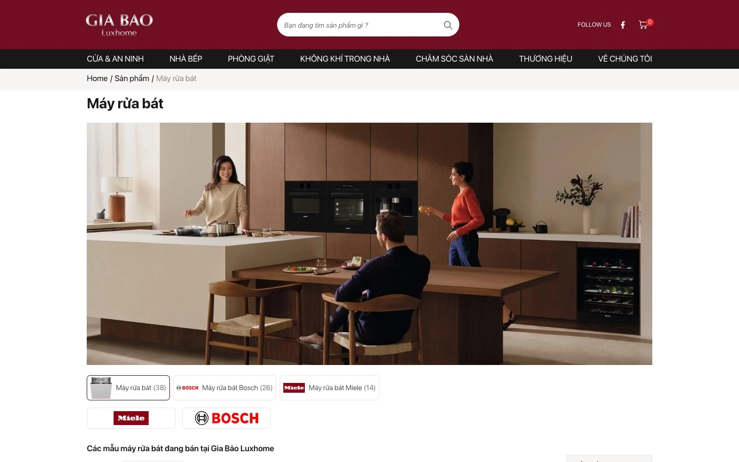 Danh mục máy rửa bát Gia Bảo Luxhome với banner bếp và lọc theo Bosch, Miele