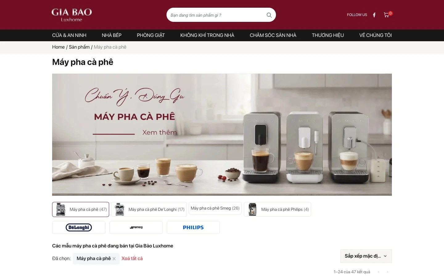 Danh mục máy pha cà phê De'Longhi, Smeg, Philips trên website Gia Bảo Luxhome