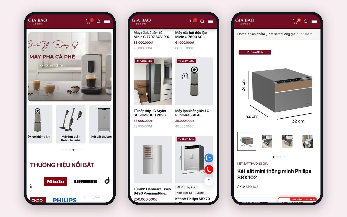Ba màn mobile Gia Bảo Luxhome: trang chủ, danh mục két sắt và chi tiết sản phẩm