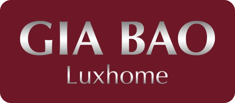 Logo Gia Bảo Luxhome chữ bạc trên nền đỏ đô