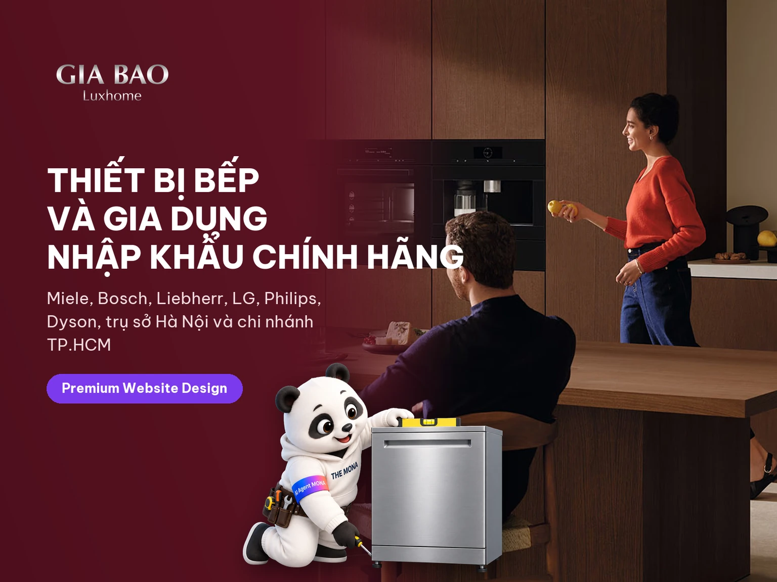 Gấu MONA đeo găng tay cân chỉnh máy rửa bát trên thẻ dự án website Gia Bảo Luxhome