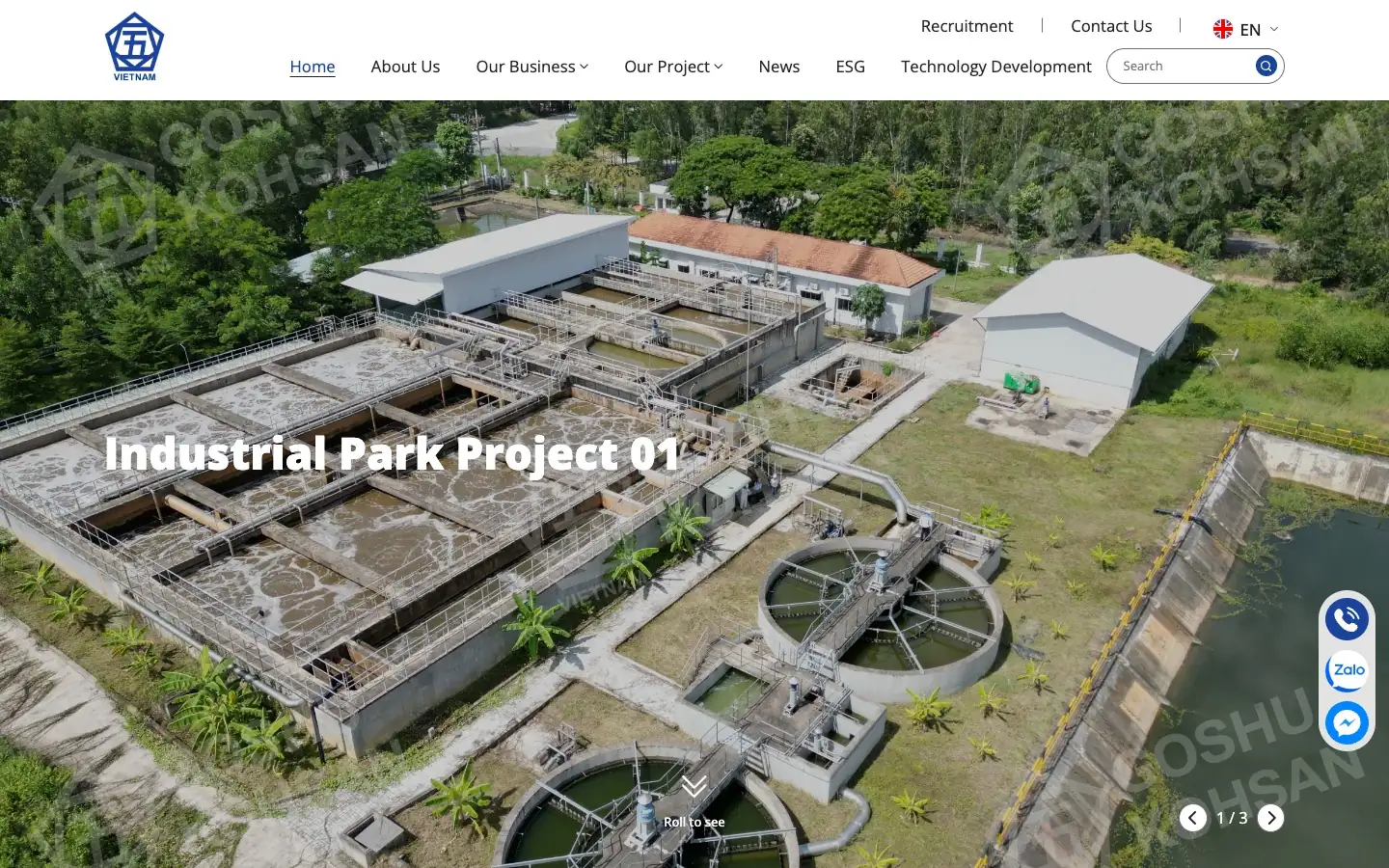 Màn hero website Goshu Kohsan Việt Nam với ảnh flycam hệ thống xử lý nước thải khu công nghiệp