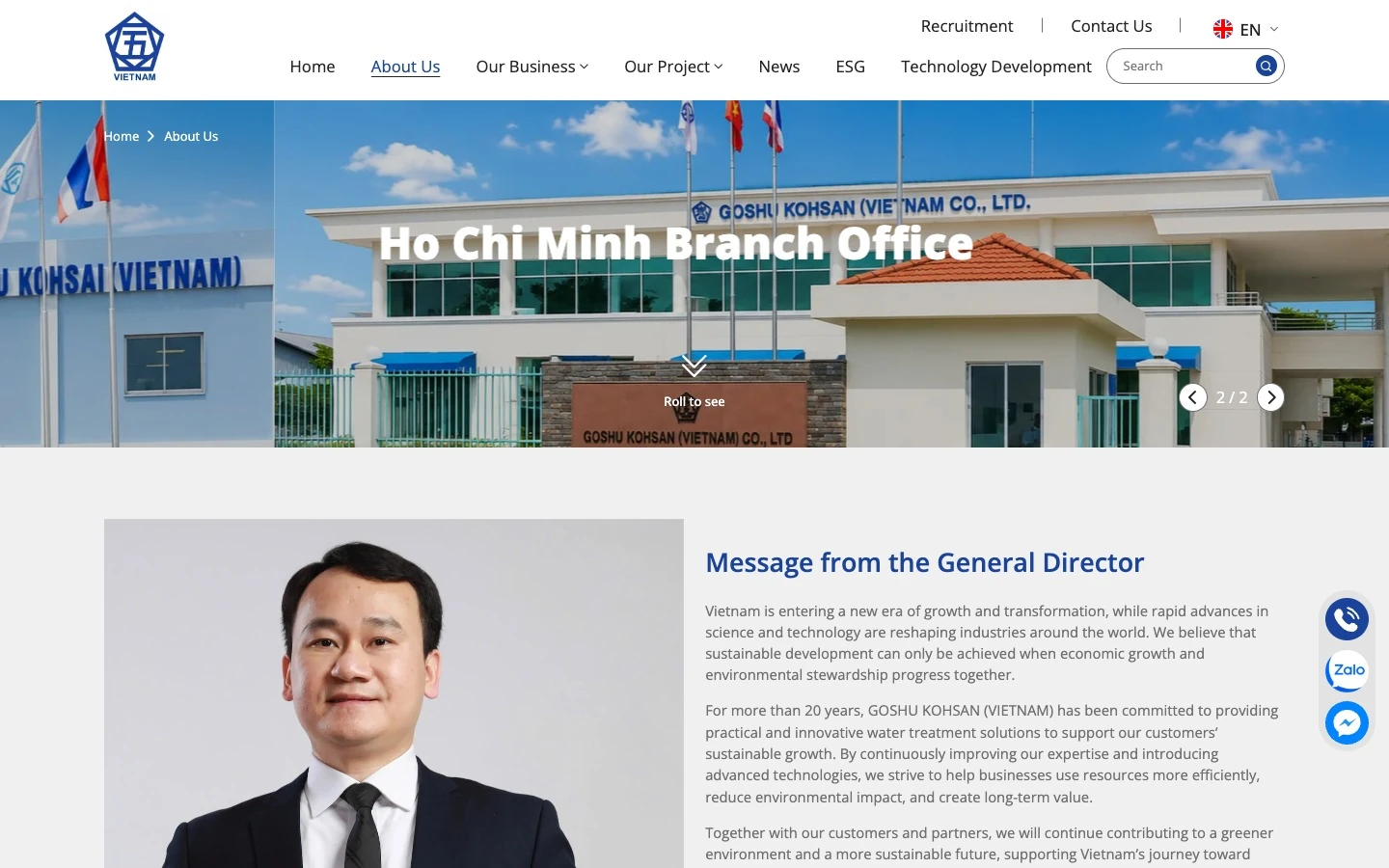 Trang giới thiệu Goshu Kohsan với văn phòng và thông điệp tổng giám đốc