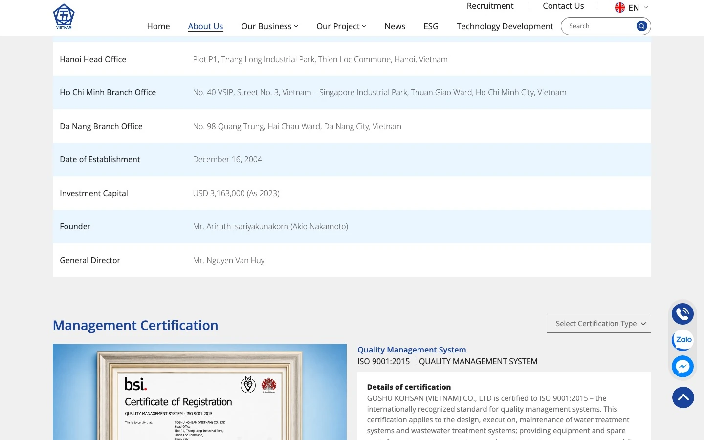 Bảng thông tin công ty và chứng nhận ISO 9001:2015 của Goshu Kohsan Việt Nam