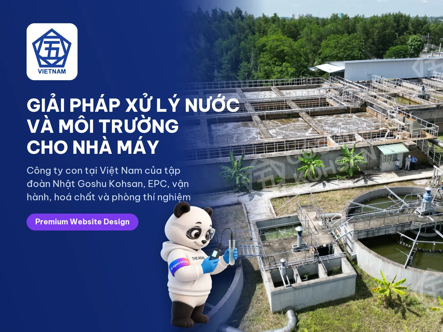 Gấu MONA đeo kính bảo hộ đo mẫu nước trên thẻ dự án website Goshu Kohsan Việt Nam