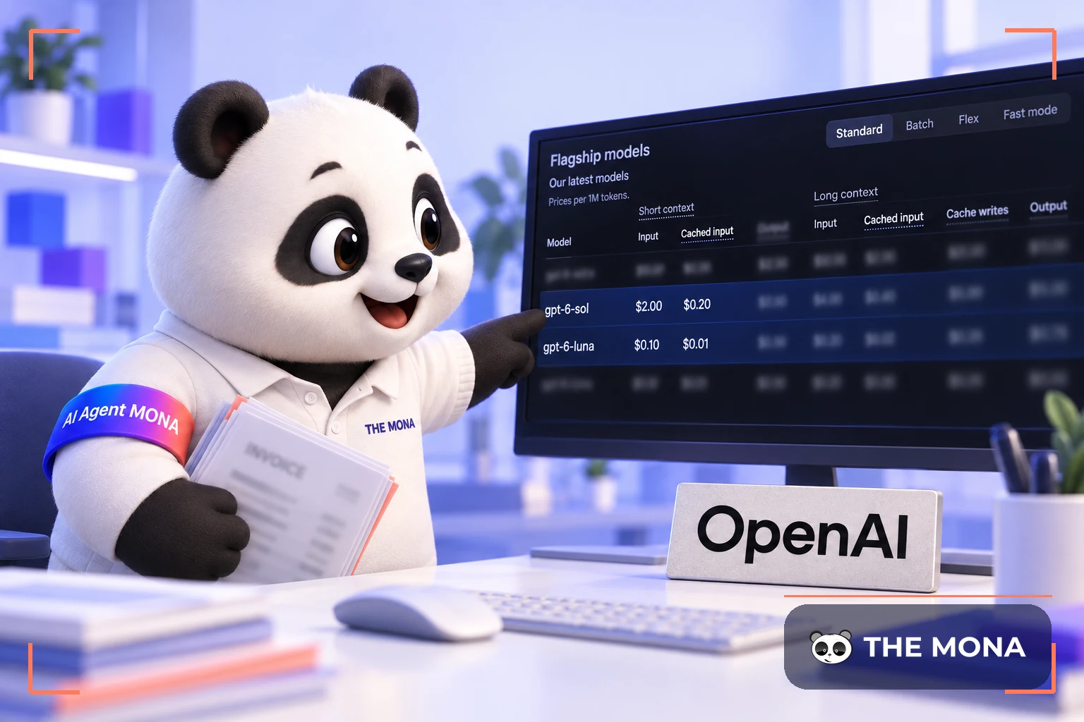 Gấu MONA chỉ vào cột đọc lại cache trên bảng giá GPT-6 của OpenAI