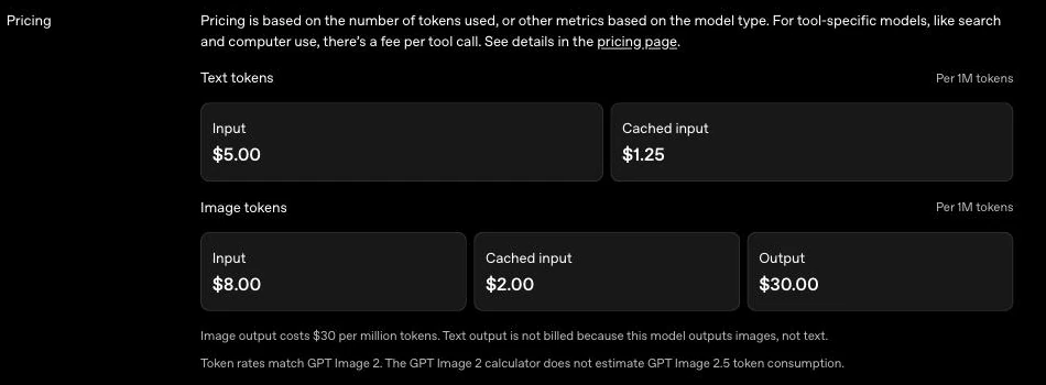 Bảng giá token của GPT Image 2.5 trên tài liệu OpenAI, kèm dòng ghi mức token giữ nguyên như GPT Image 2