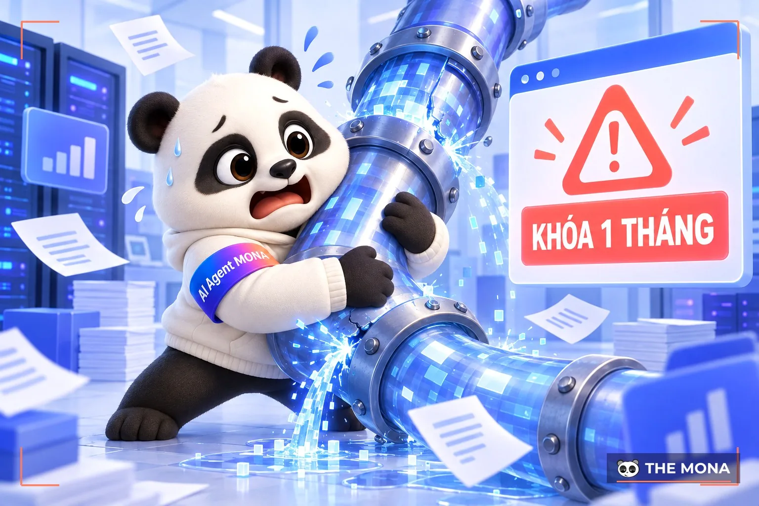 Gấu MONA loay hoay với đường truyền dữ liệu máy chủ bị nghẽn và báo khóa.