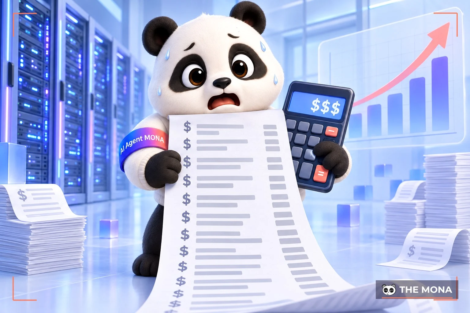 Gấu MONA lo lắng nhìn tờ hóa đơn tính phí nâng cấp máy chủ bằng tiền