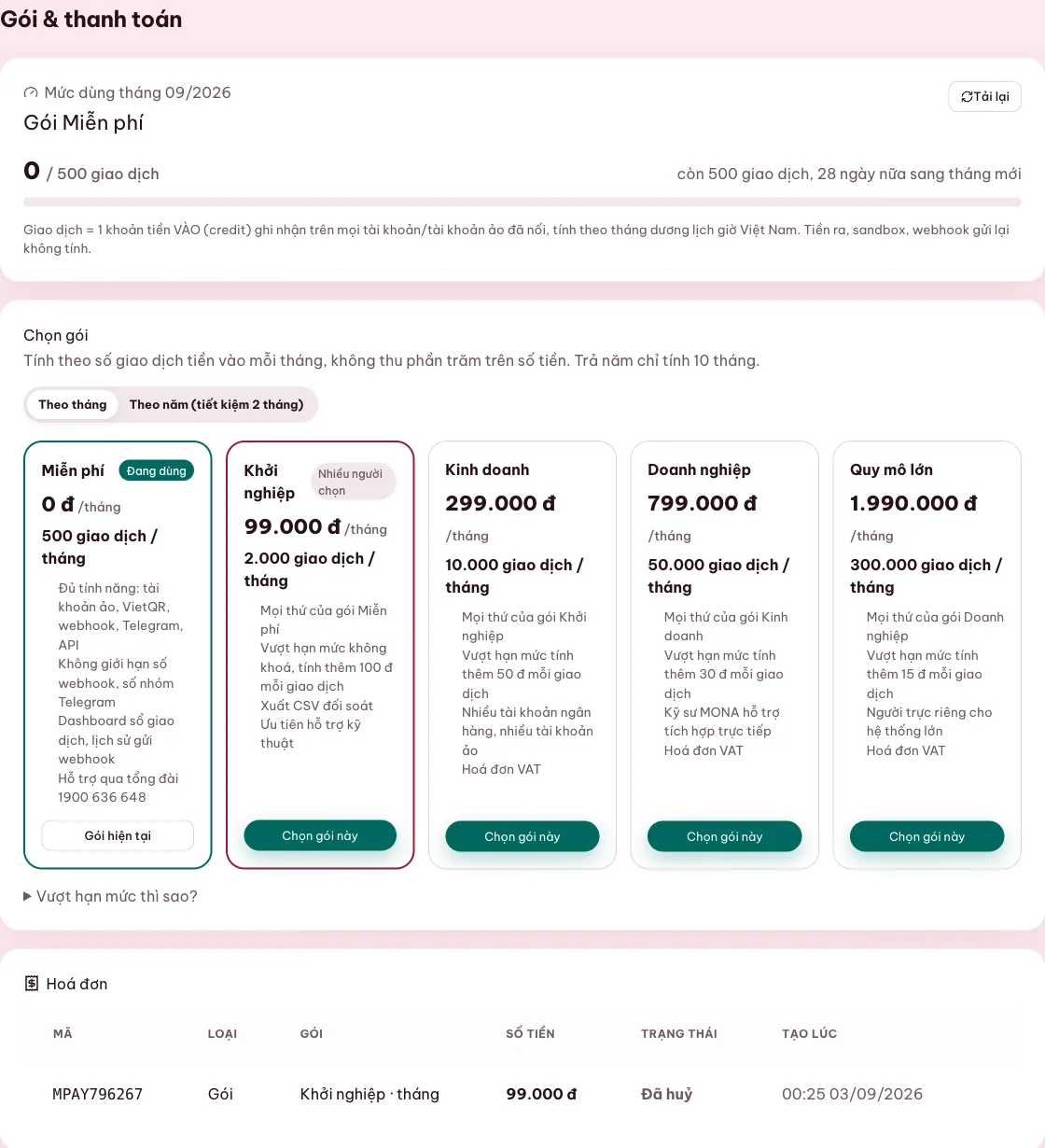 Màn hình gói và hóa đơn nâng cấp MONA Pay