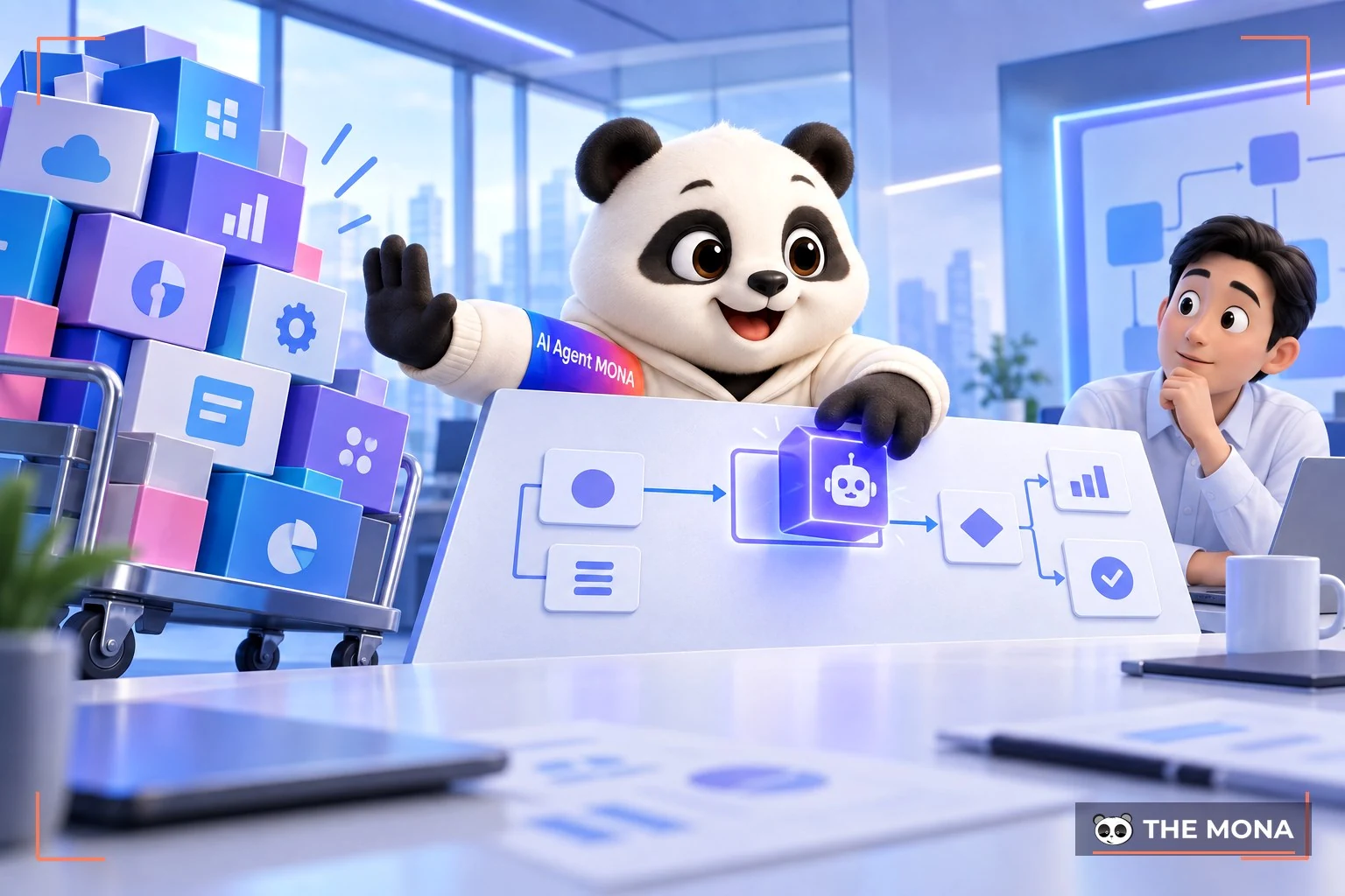 Gấu MONA chặn xe đẩy hộp phần mềm và cắm một khối AI vào một khâu