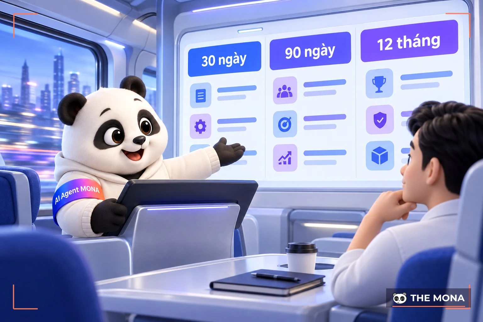 Gấu MONA chỉ bảng lịch trình 30 ngày, 90 ngày, 12 tháng trong toa tàu