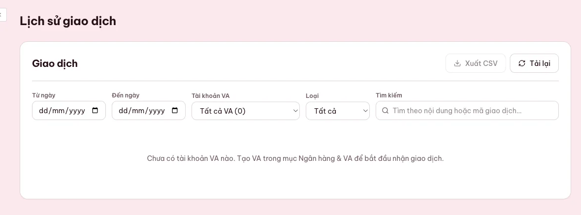 Lịch sử giao dịch MONA Pay có bộ lọc và nút xuất file