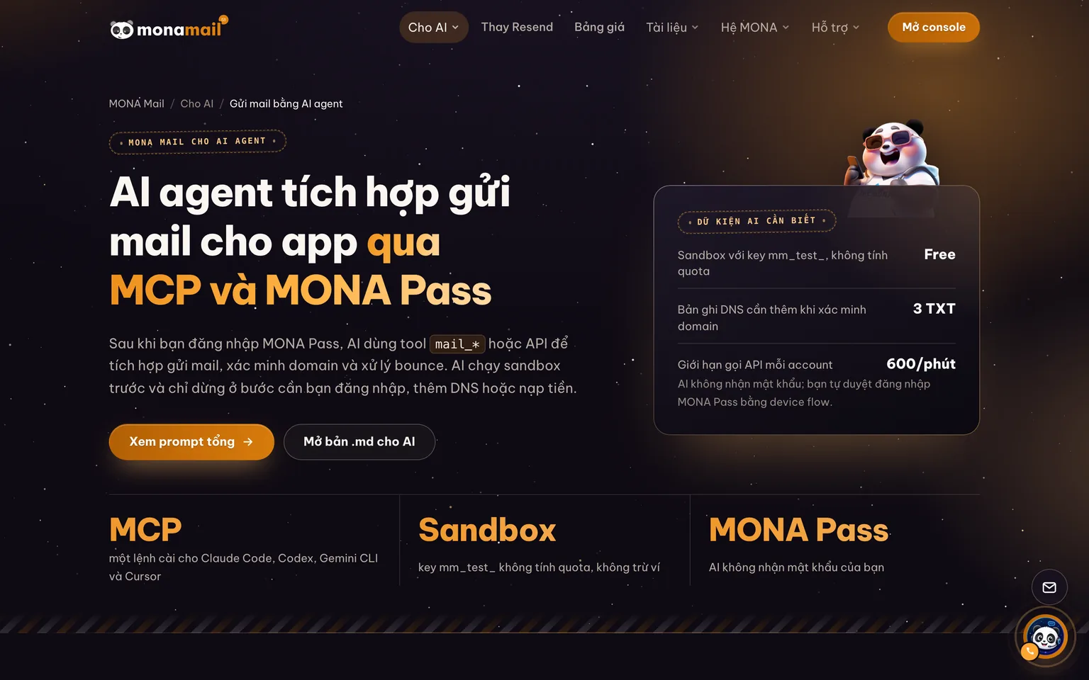 Ảnh chụp thật trang hướng dẫn AI agent trên monamail.vn