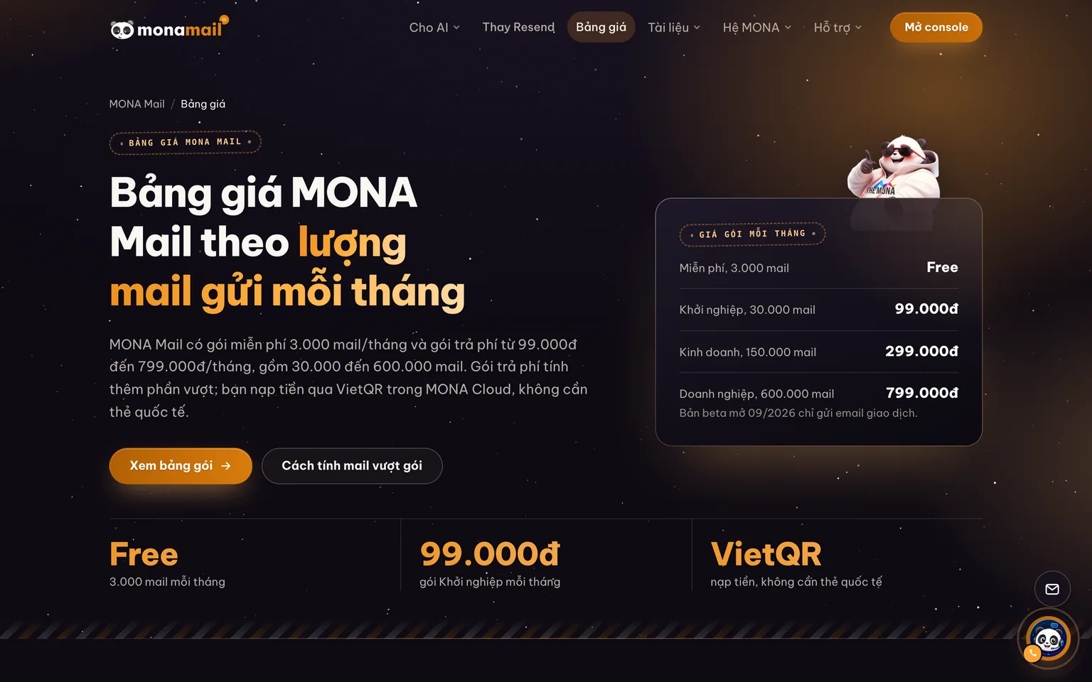 Ảnh chụp thật trang bảng giá monamail.vn