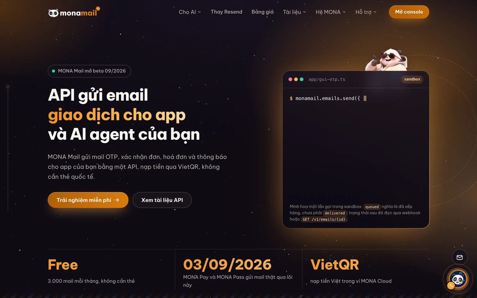 Trang chủ thật của MONA Mail chụp ngày 19/09/2026