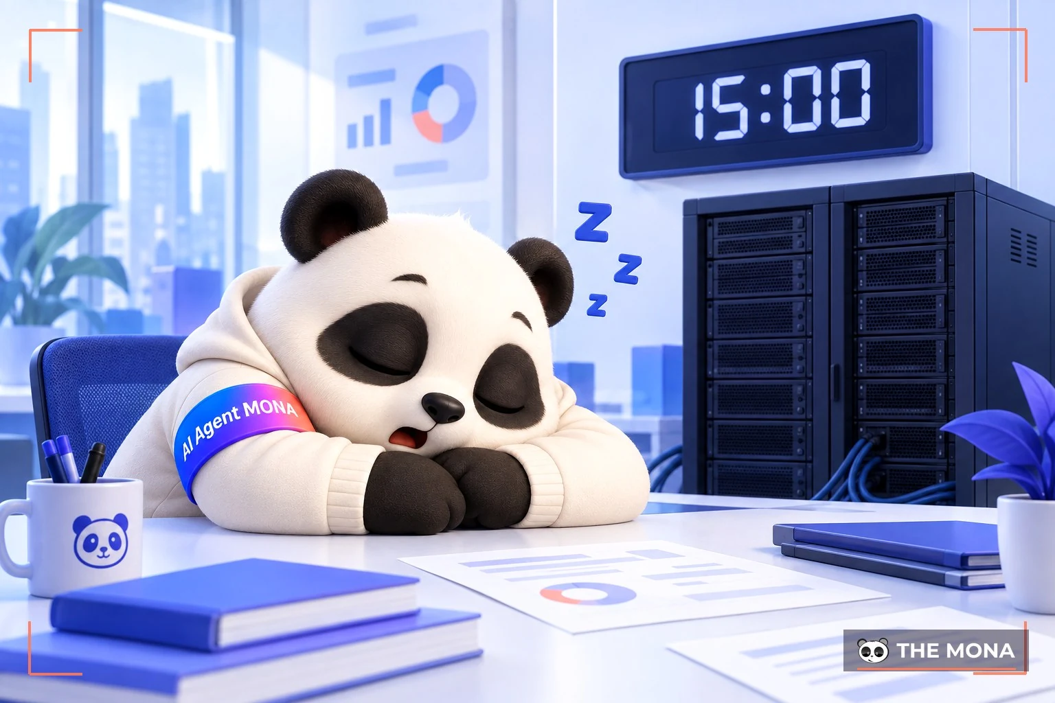 Gấu MONA gục ngủ bên máy chủ web đã tắt đèn nghỉ sau mười lăm phút.