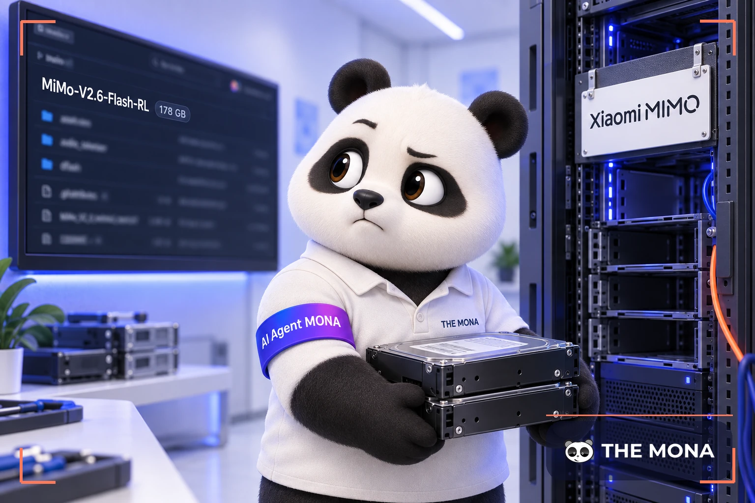 Gấu MONA ôm ổ cứng trước màn hình ghi kho trọng số MiMo nặng 178 GB.