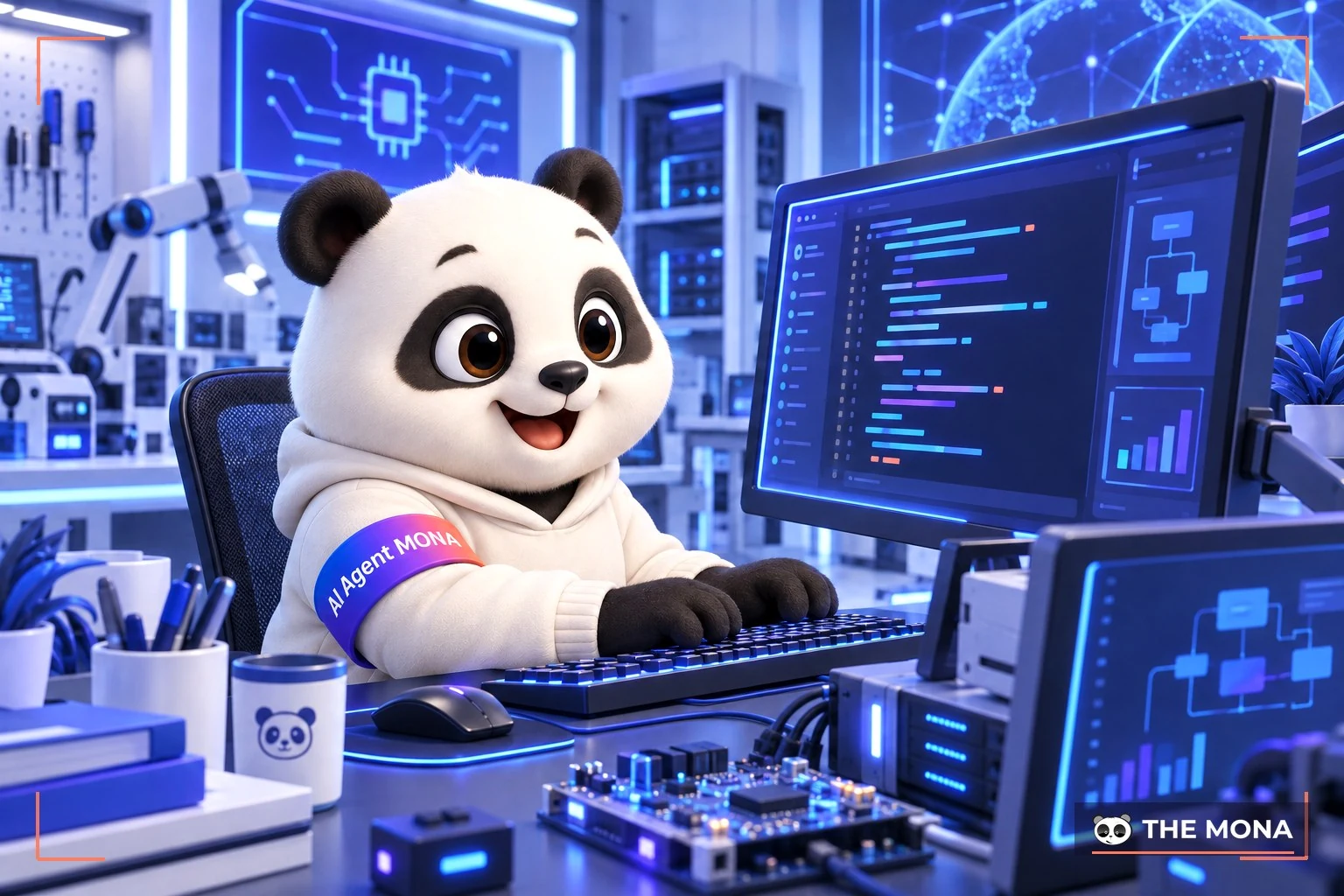 Gấu MONA đang vui vẻ thực hành lập trình trong không gian phòng thí nghiệm máy