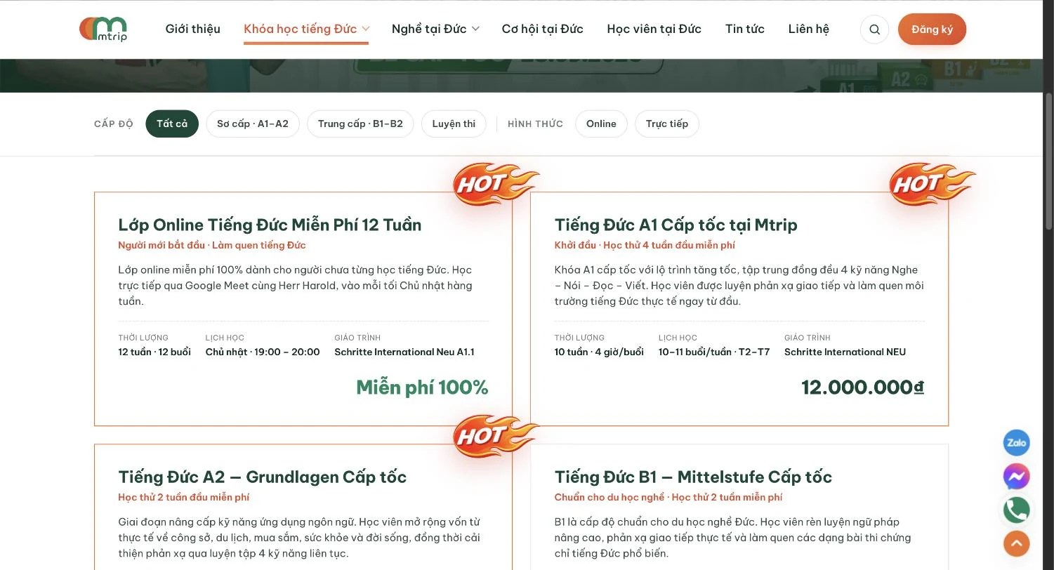 Trang khóa học Mtrip với bộ lọc theo cấp độ và hình thức học online trực tiếp