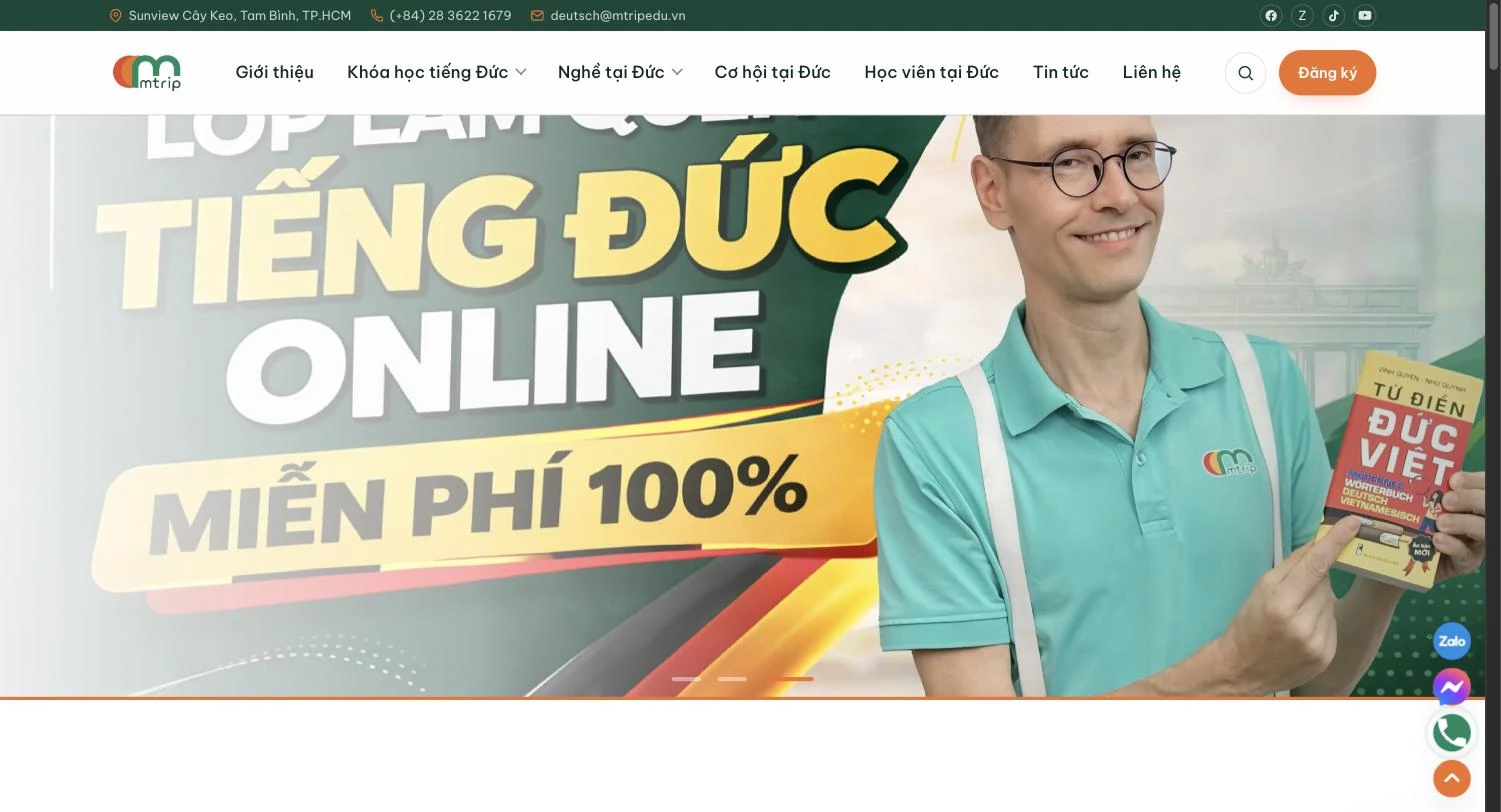 Màn hero website Mtrip giới thiệu lớp làm quen tiếng Đức online miễn phí