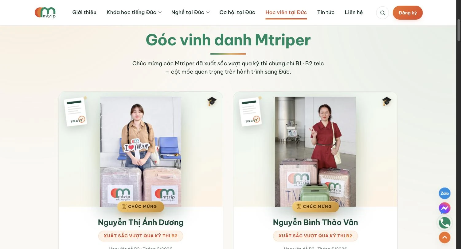 Góc vinh danh học viên Mtrip đỗ chứng chỉ telc B1 và B2 trước khi sang Đức