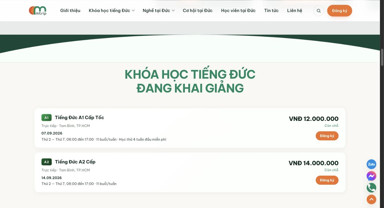 Danh sách khóa học tiếng Đức đang khai giảng kèm học phí trên website Mtrip