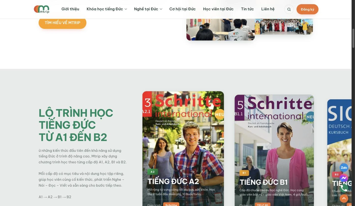 Khối lộ trình A1 đến B2 kèm bìa giáo trình Schritte trên trang chủ Mtrip