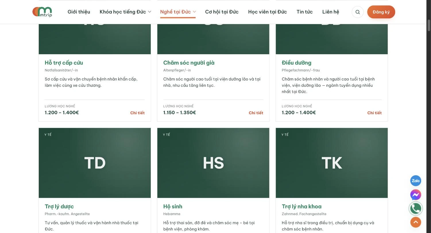 Lưới nghề nhóm y tế chăm sóc kèm mức lương học nghề trên website Mtrip