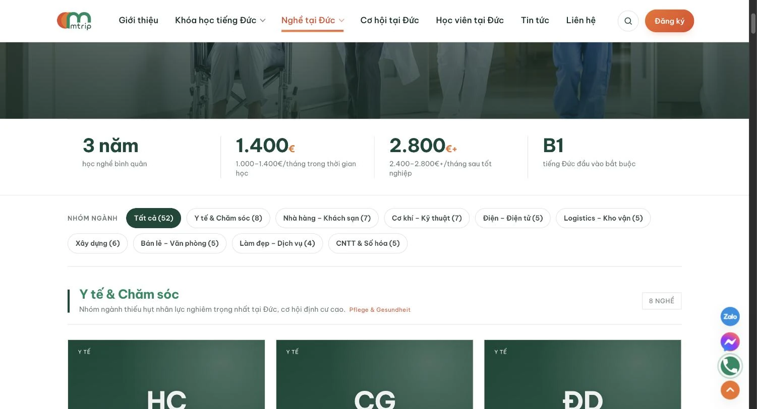 Trang nghề tại Đức của Mtrip với số liệu lương học nghề và chín nhóm ngành