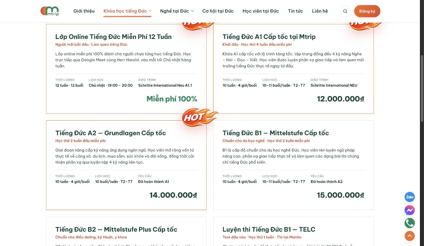 Thẻ khóa học tiếng Đức hiển thị thời lượng lịch học giáo trình và học phí