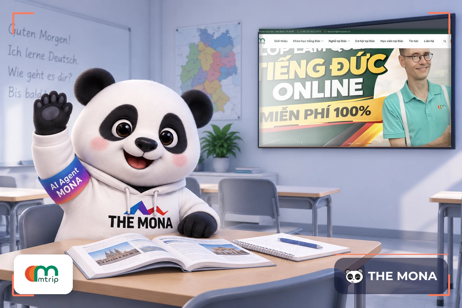 Gấu MONA giơ tay trong lớp học tiếng Đức, màn hình treo tường chiếu website Mtrip