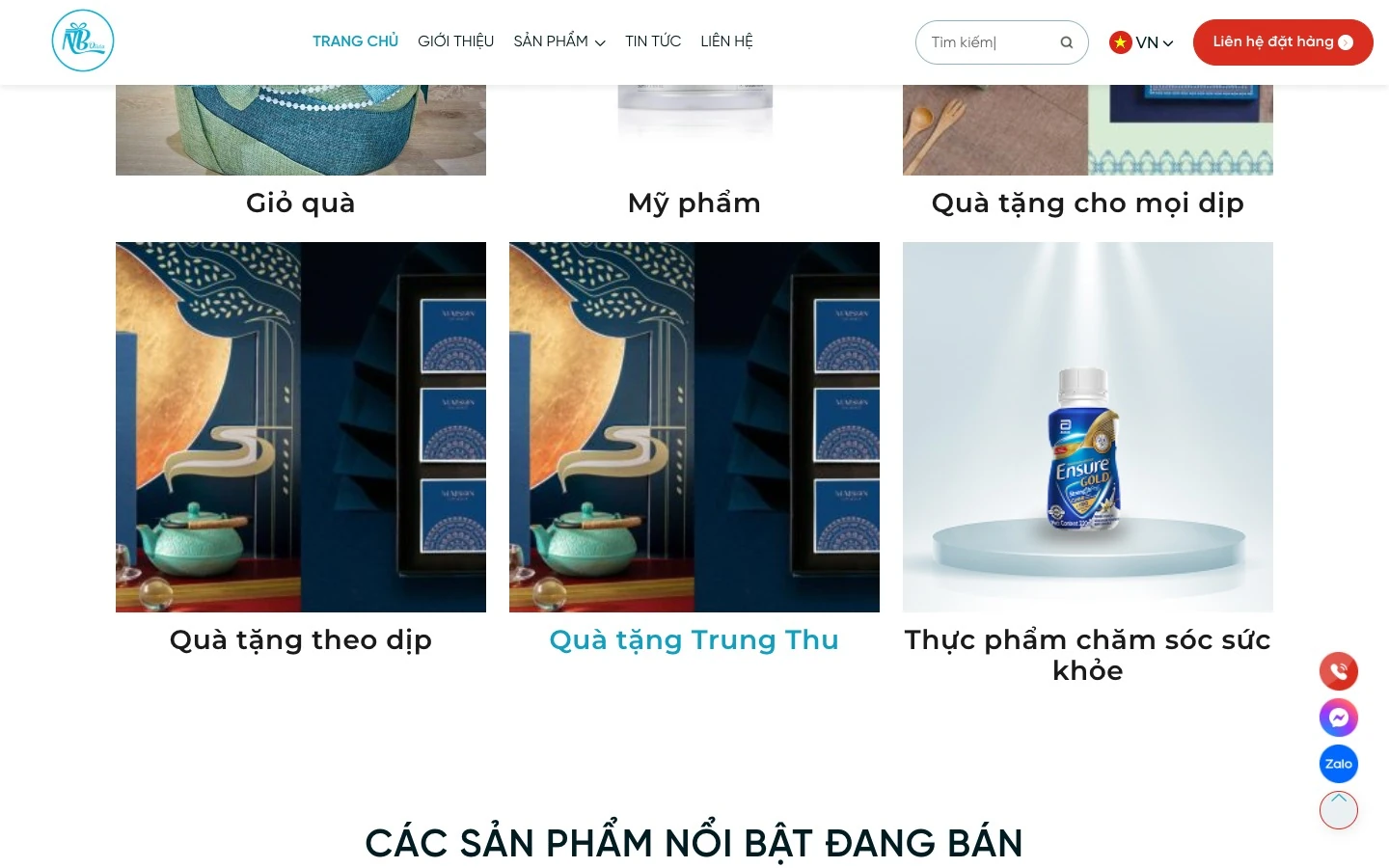 Lưới danh mục quà tặng gồm giỏ quà, mỹ phẩm, quà Trung Thu và thực phẩm sức khoẻ