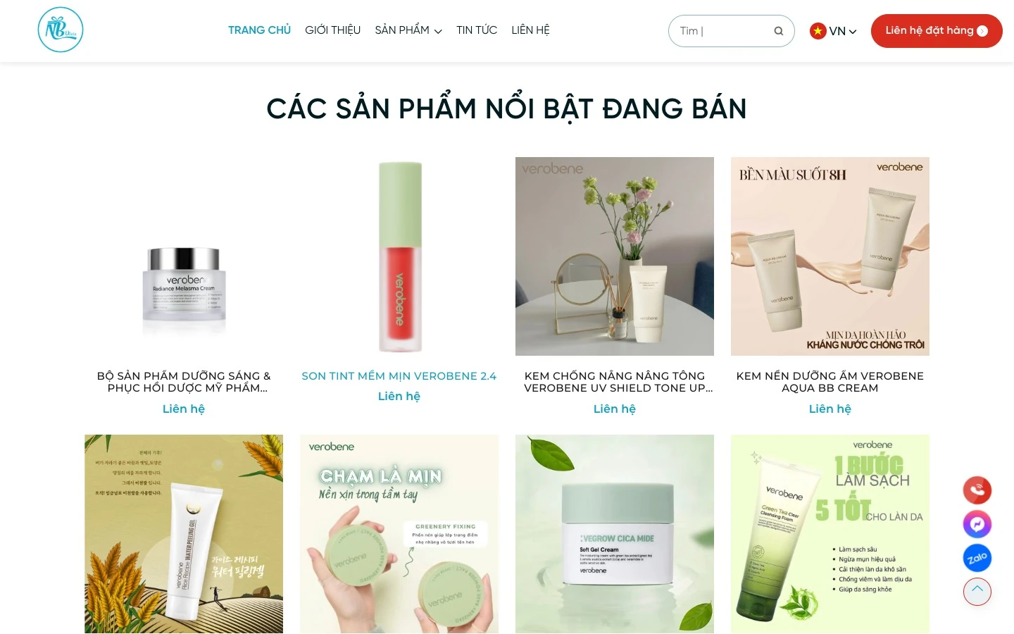 Các sản phẩm nổi bật đang bán trên website NBOlivia, mỗi sản phẩm ghi liên hệ