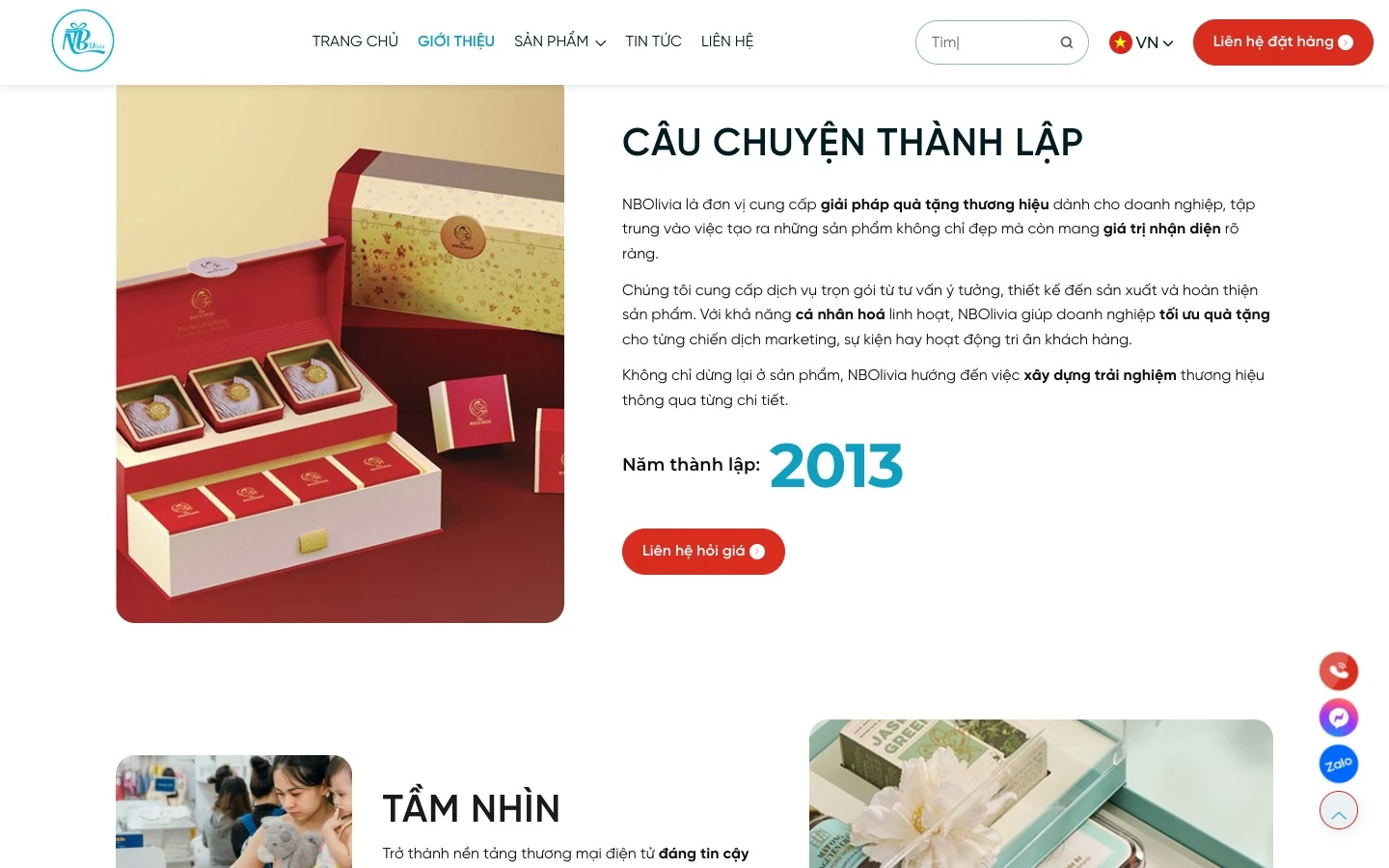 Mục câu chuyện thành lập NBOlivia kèm ảnh hộp quà đỏ