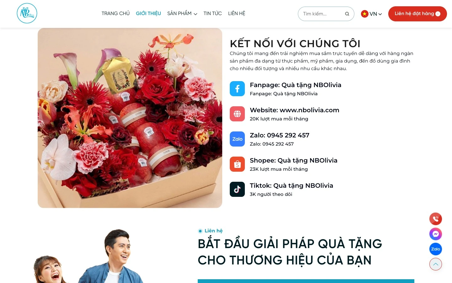 Mục kết nối với các kênh fanpage, Zalo, Shopee và TikTok của NBOlivia