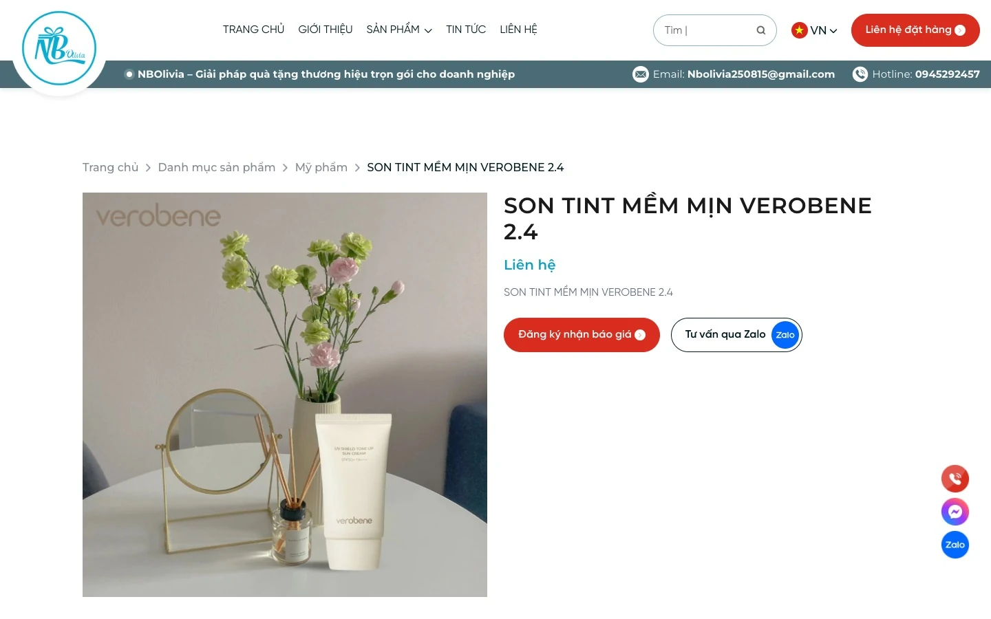 Trang chi tiết sản phẩm NBOlivia với nút đăng ký nhận báo giá và tư vấn qua Zalo