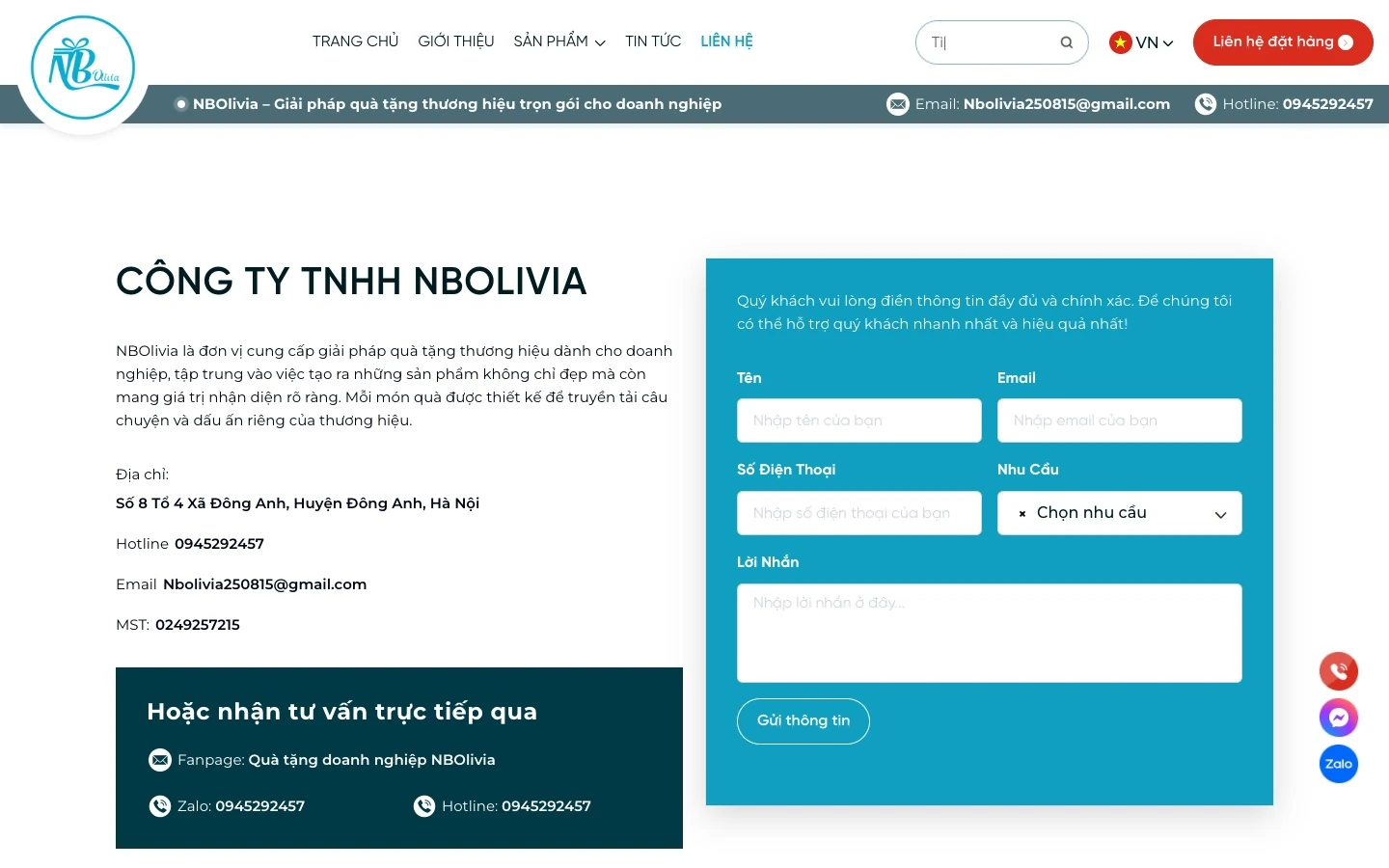 Trang liên hệ công ty TNHH NBOlivia với form gửi yêu cầu