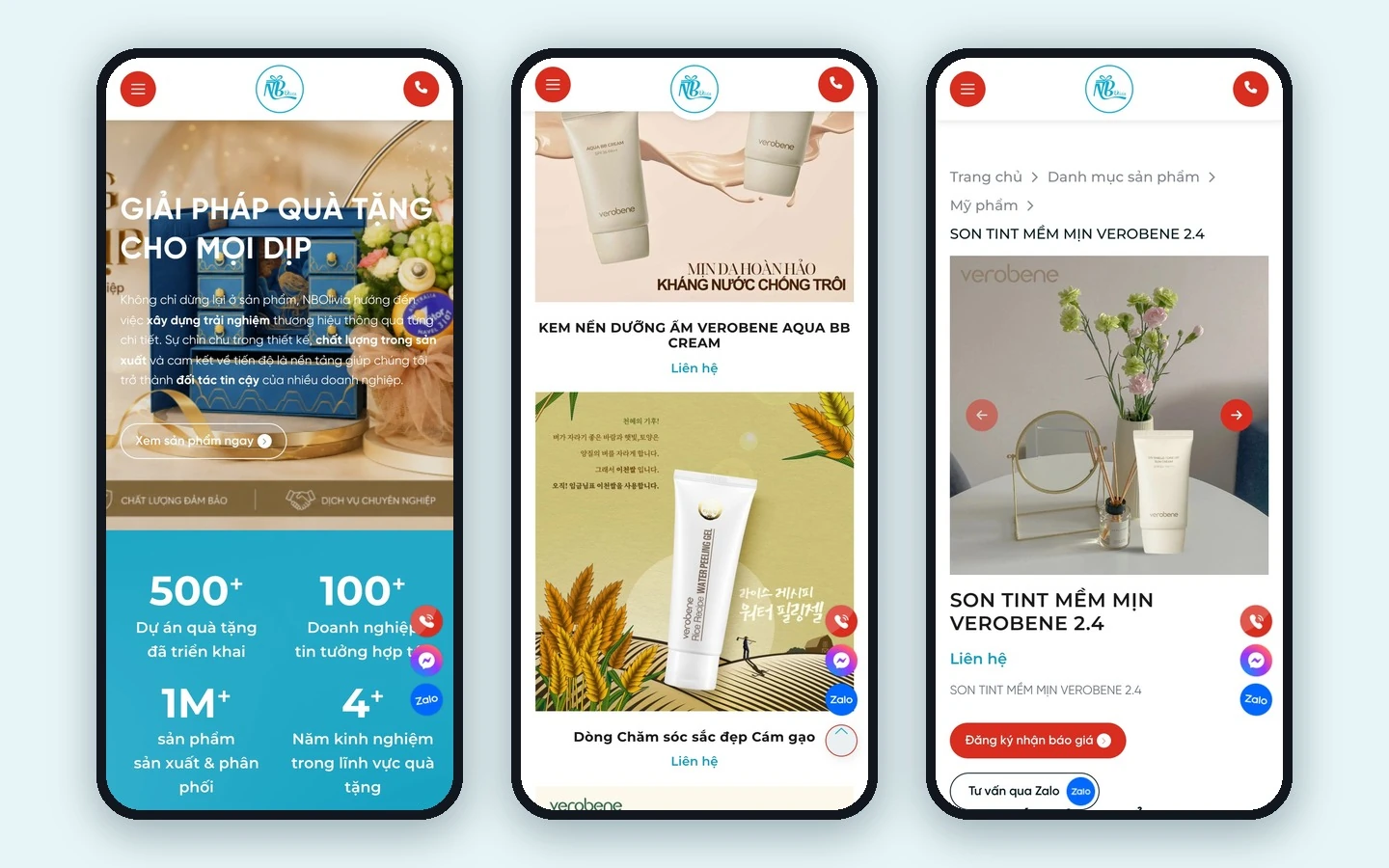 Ba màn mobile NBOlivia: trang chủ, danh sách sản phẩm và chi tiết sản phẩm