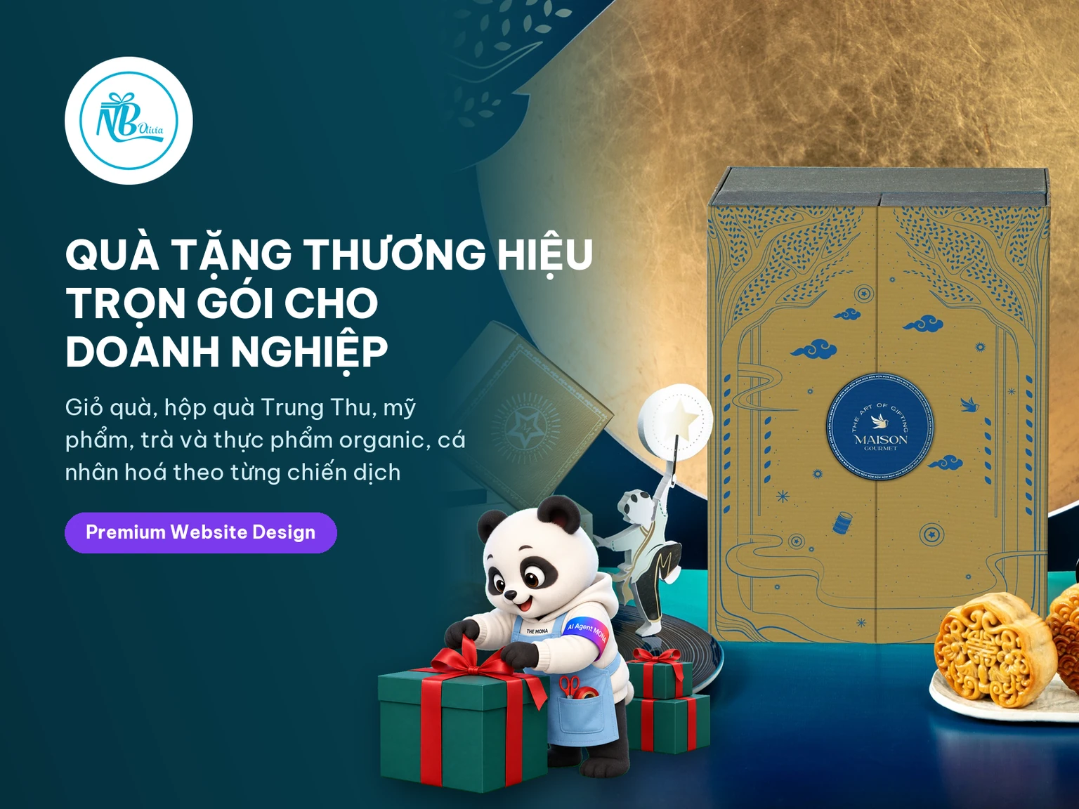 Gấu MONA đeo tạp dề thắt nơ hộp quà trên thẻ dự án website quà tặng doanh nghiệp NBOlivia