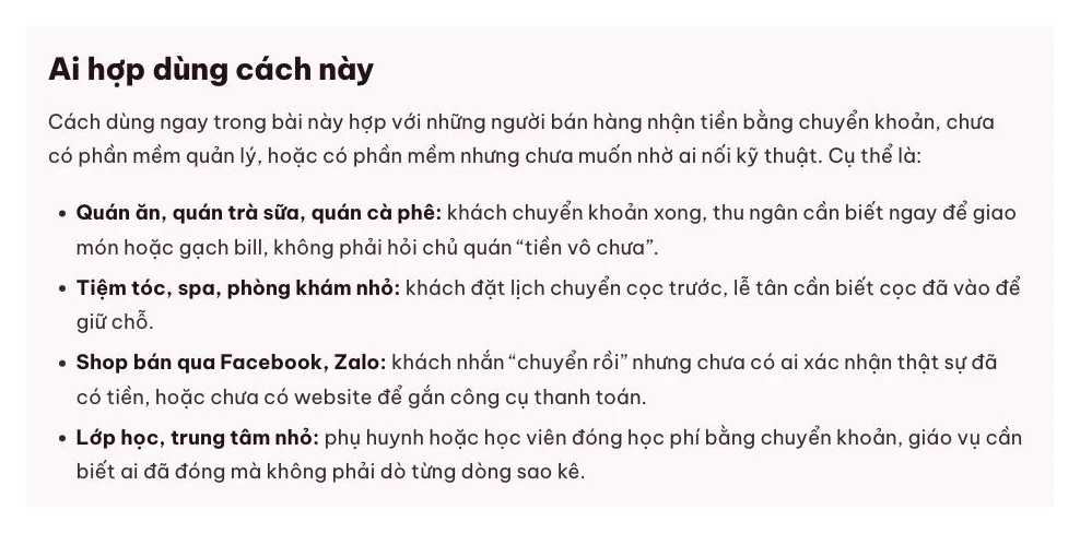 Danh sách ngành hợp dùng cách nhận tiền chuyển khoản tự động báo có của MONA Pay