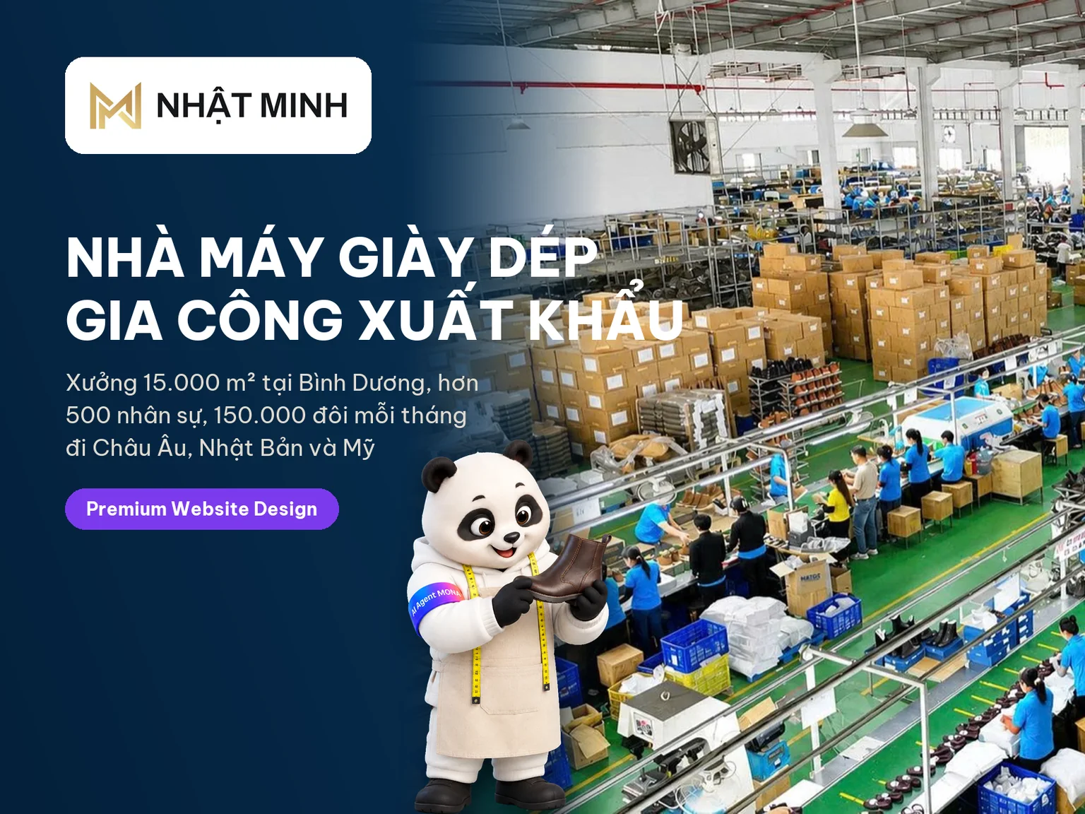 Gấu MONA đeo tạp dề soi đường chỉ chiếc bốt da trên thẻ dự án Nhật Minh Footwear