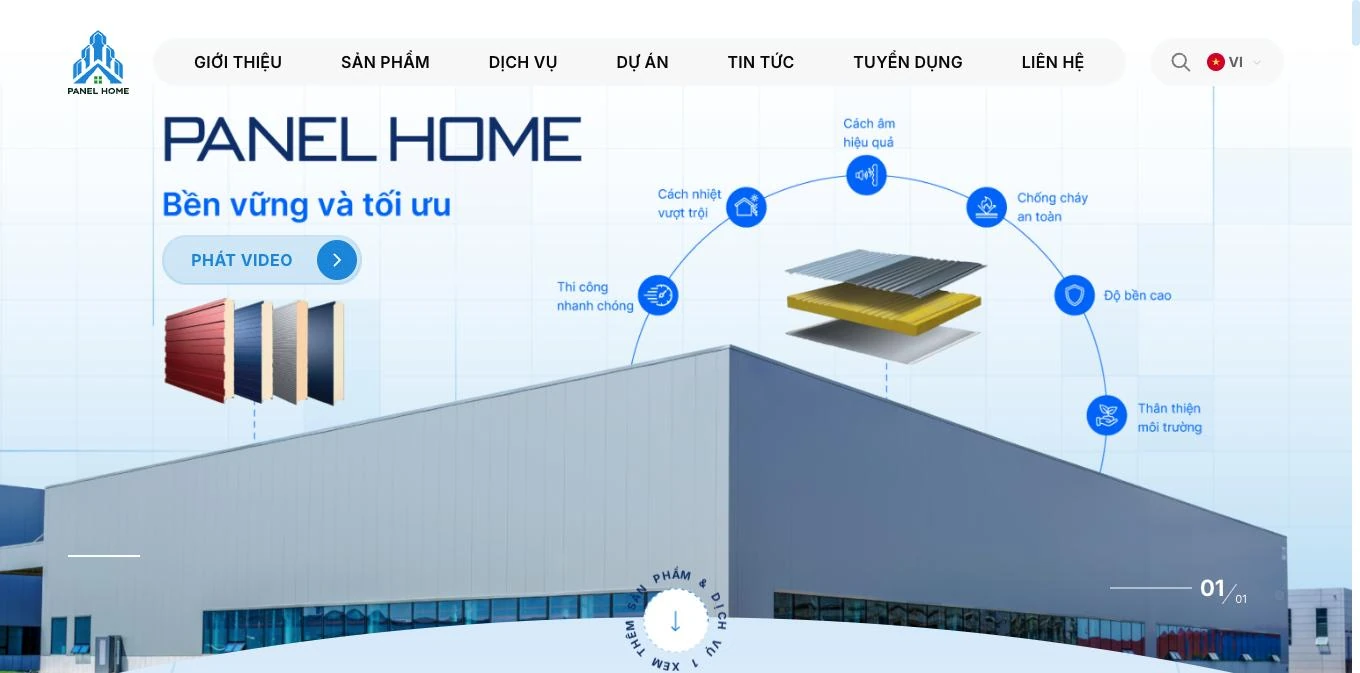 Màn hero website Panel Home với tấm panel cách nhiệt và nhà xưởng