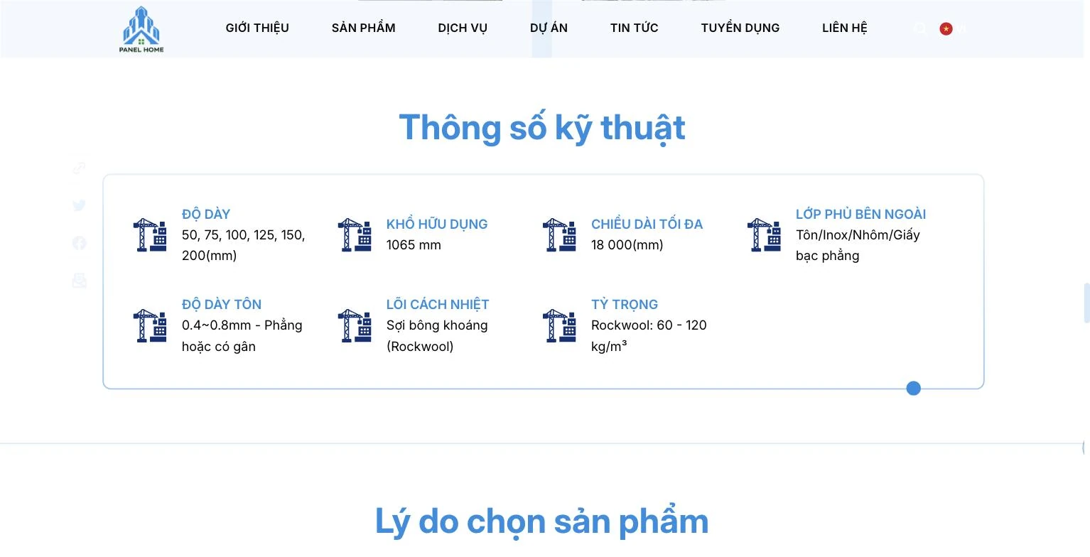 Bảng thông số kỹ thuật tấm panel bông khoáng trên website Panel Home