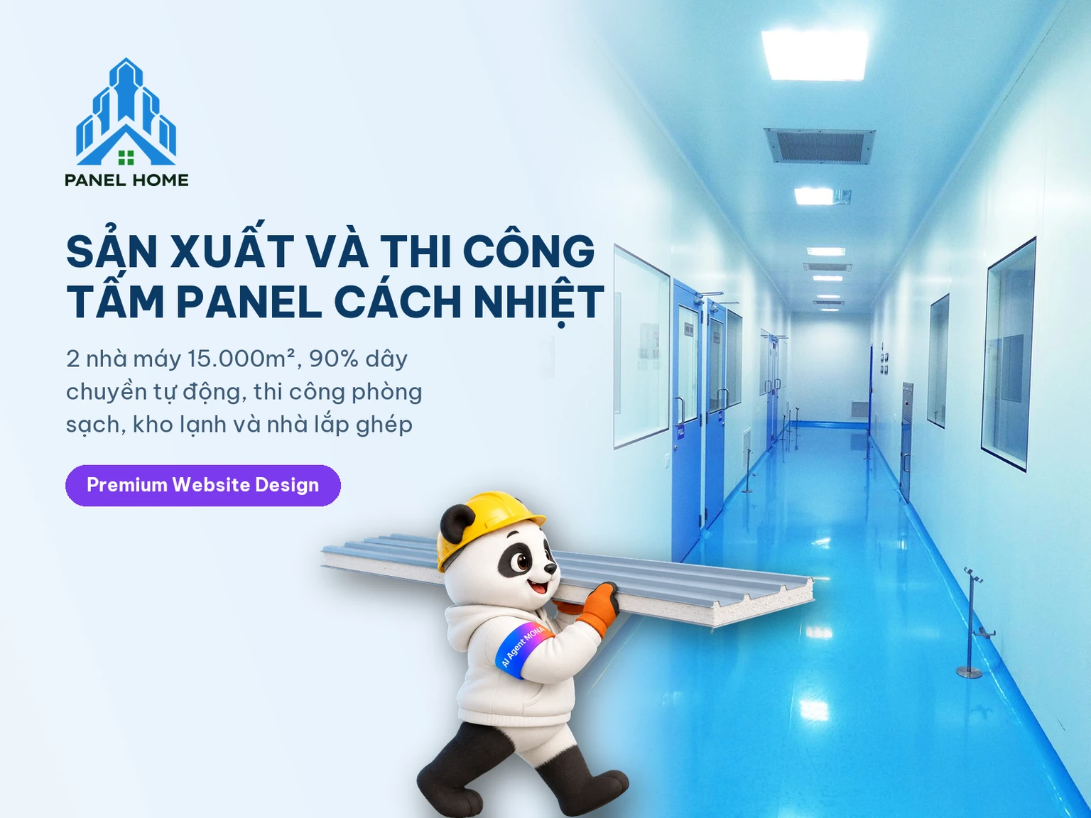 Gấu MONA đội mũ bảo hộ vác tấm panel cách nhiệt trên thẻ dự án Panel Home
