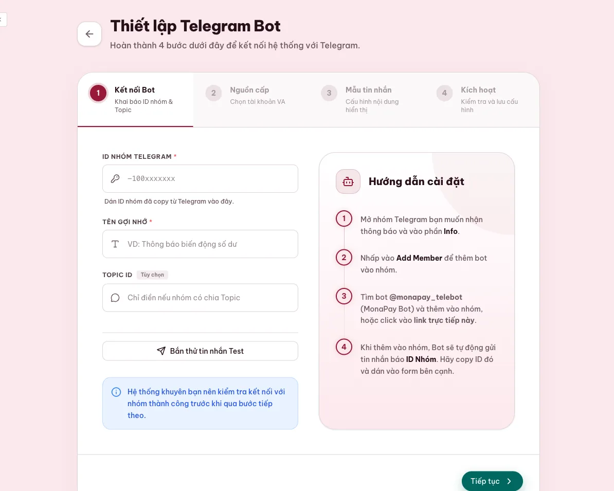 Ảnh chụp thật bước nối Telegram trong my.monapay.vn