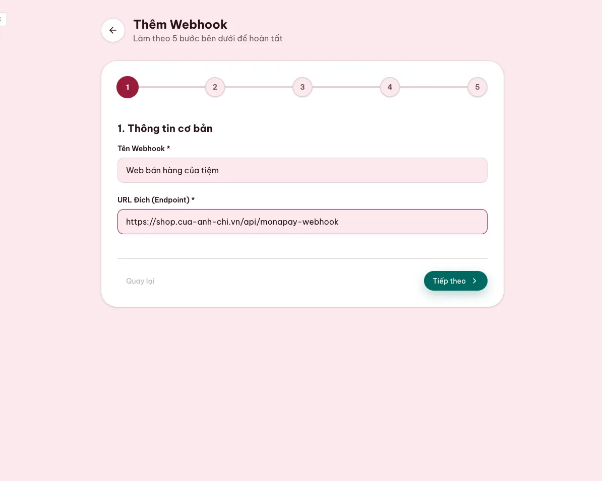 Ảnh chụp thật bước 1 nối webhook trong my.monapay.vn