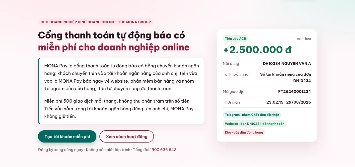 Trang chủ thật của MONA Pay chụp ngày 19/09/2026
